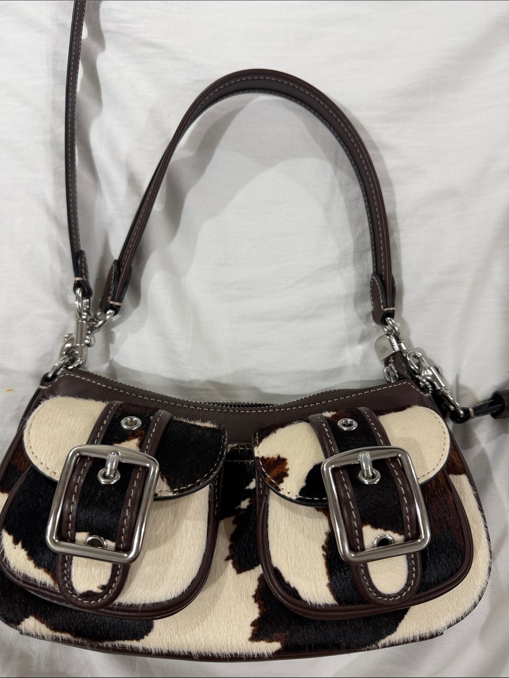 Coach Brown and Cream Cowhide Buckle Shoulder Bag